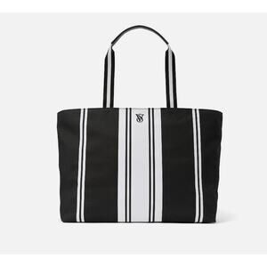 Victoria's Secret Black White Tote Weekender Bag Canvas Vertical Stripe